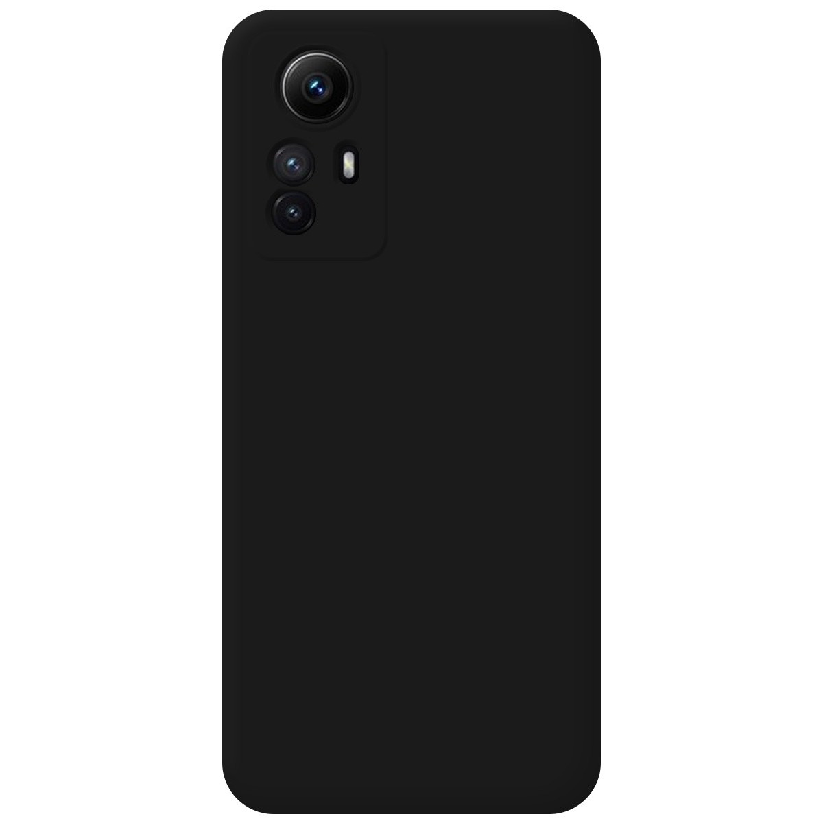 Custodia nera con configurazione a tripla fotocamera. Il design della custodia è semplice.