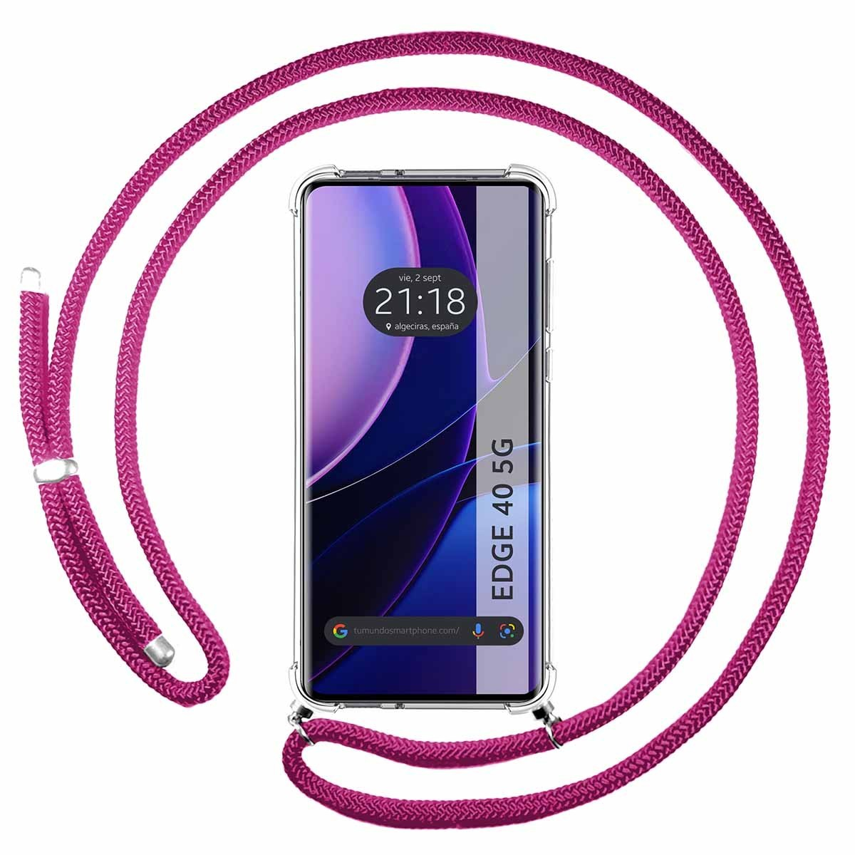 Cavo telefonico rosa attorno a un telefono in una custodia trasparente. Schermo mostra ora ed EDGE 40 5G.