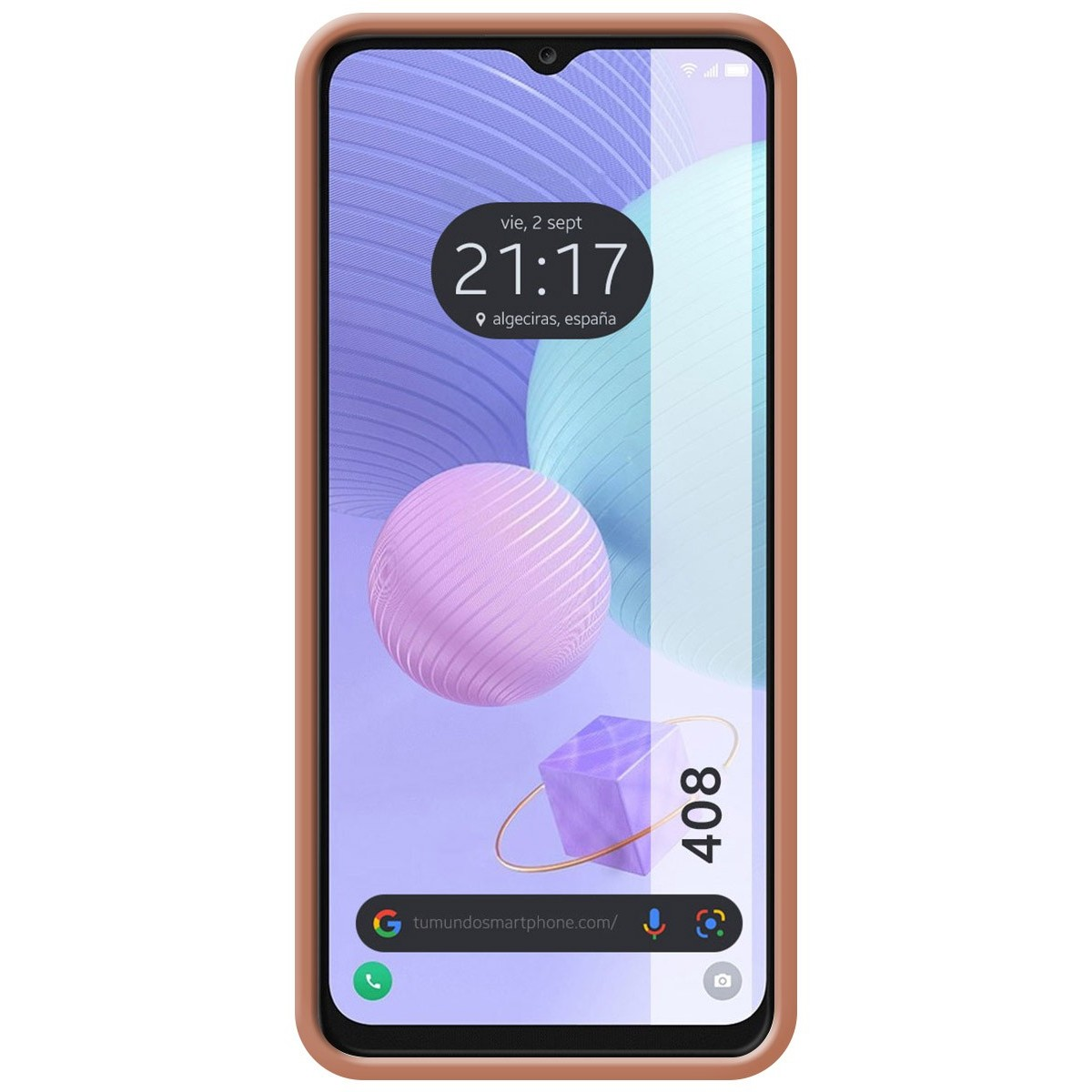 Lo schermo del telefono mostra l'ora e le app. La custodia del telefono ha una cornice color pesca e un cubo viola con 408 scritto.