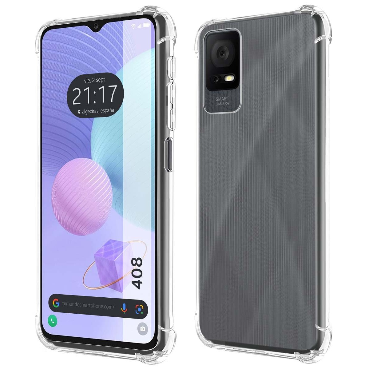 Due smartphone, uno mostra ora e posizione, l'altro un retro grigio strutturato.