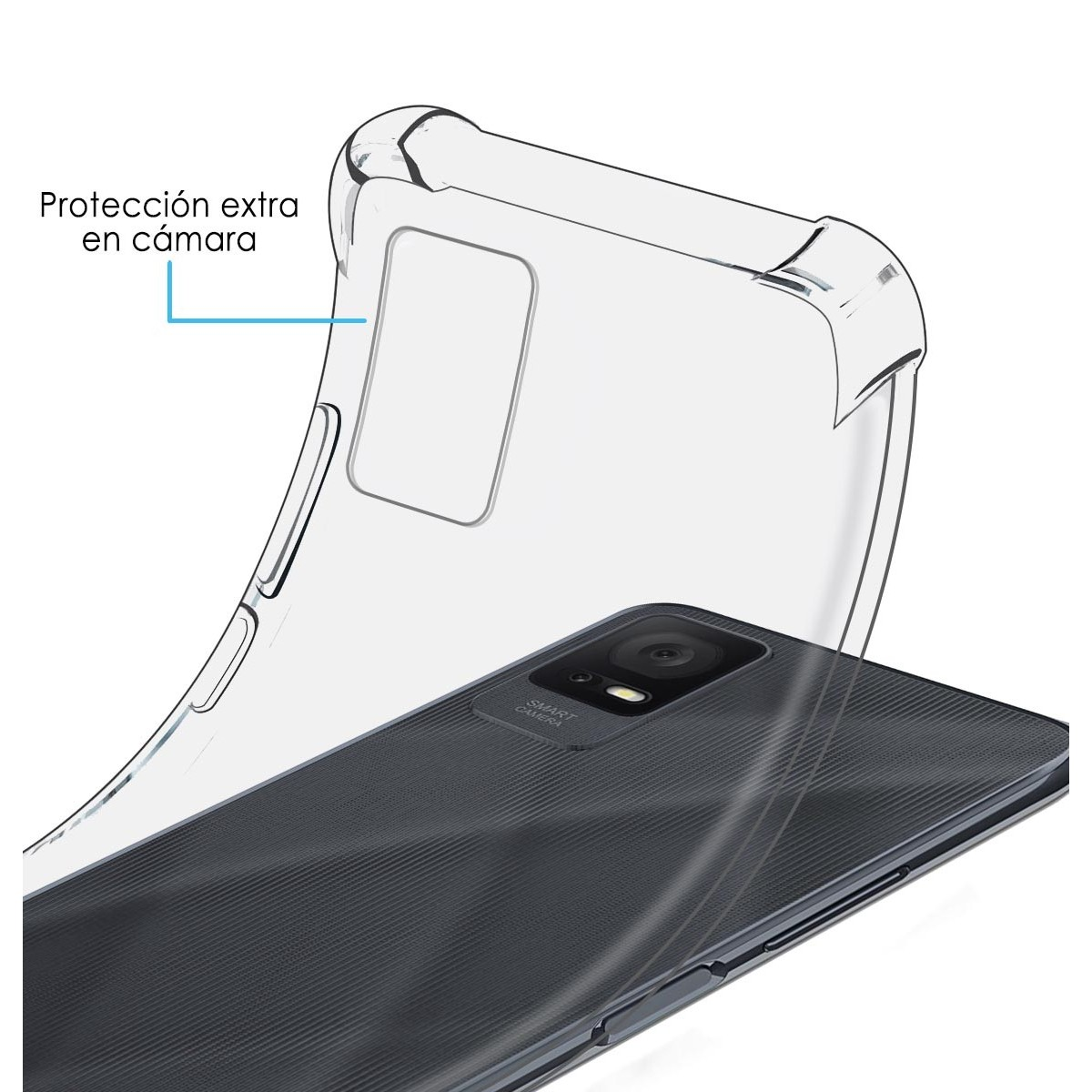 Telefono e custodia con protezione extra per la fotocamera. La custodia è trasparente.