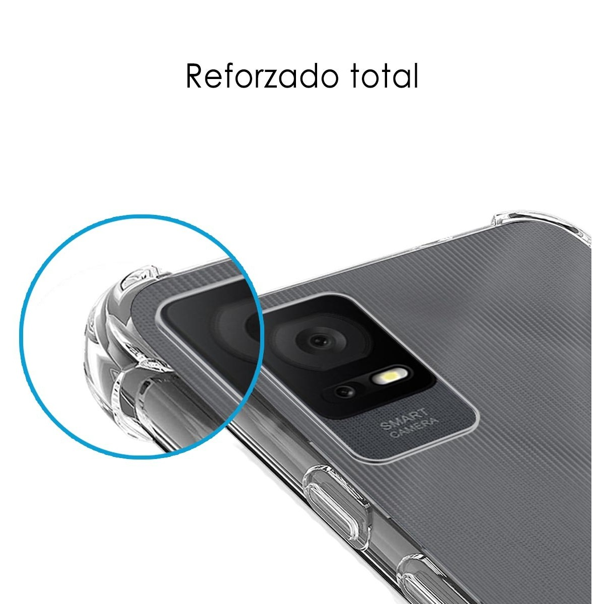 Primo piano di una custodia trasparente per telefono con un angolo evidenziato.