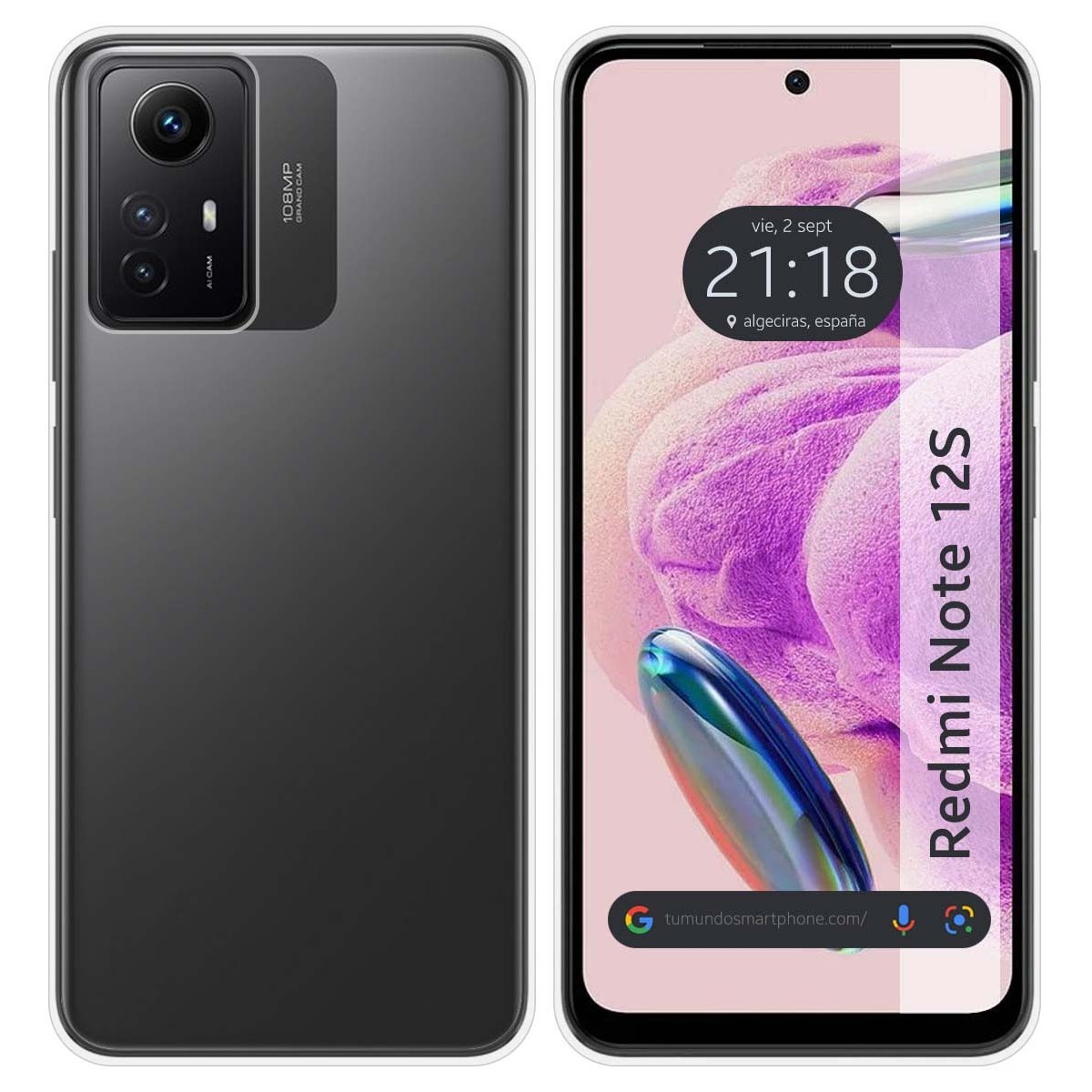 Custodia per telefono con retro grigio scuro e telefono che mostra ora e luogo. Il testo dice Redmi Note 12S.