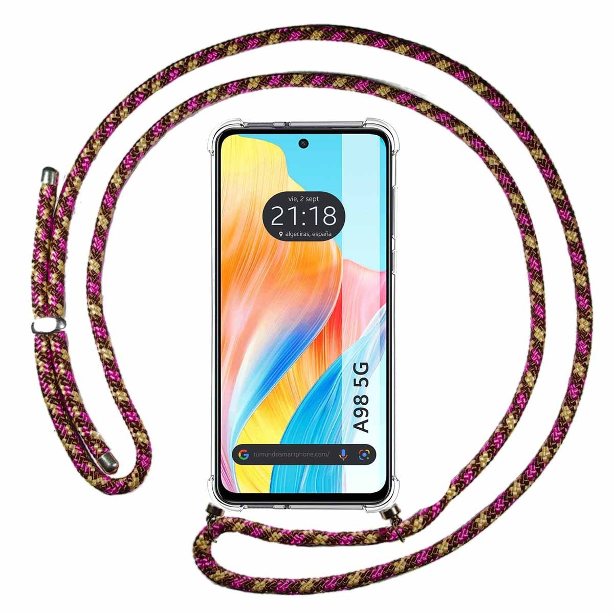 Telefono con corda rosa e marrone. Il telefono mostra data e ora e ha una barra di ricerca.