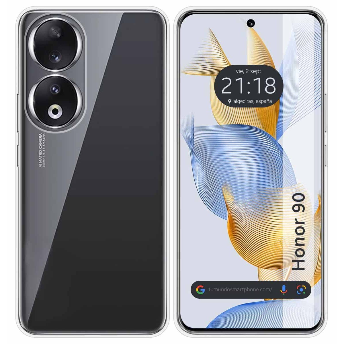 Custodia per telefono con schermo che mostra ora e posizione, e retro grigio scuro.