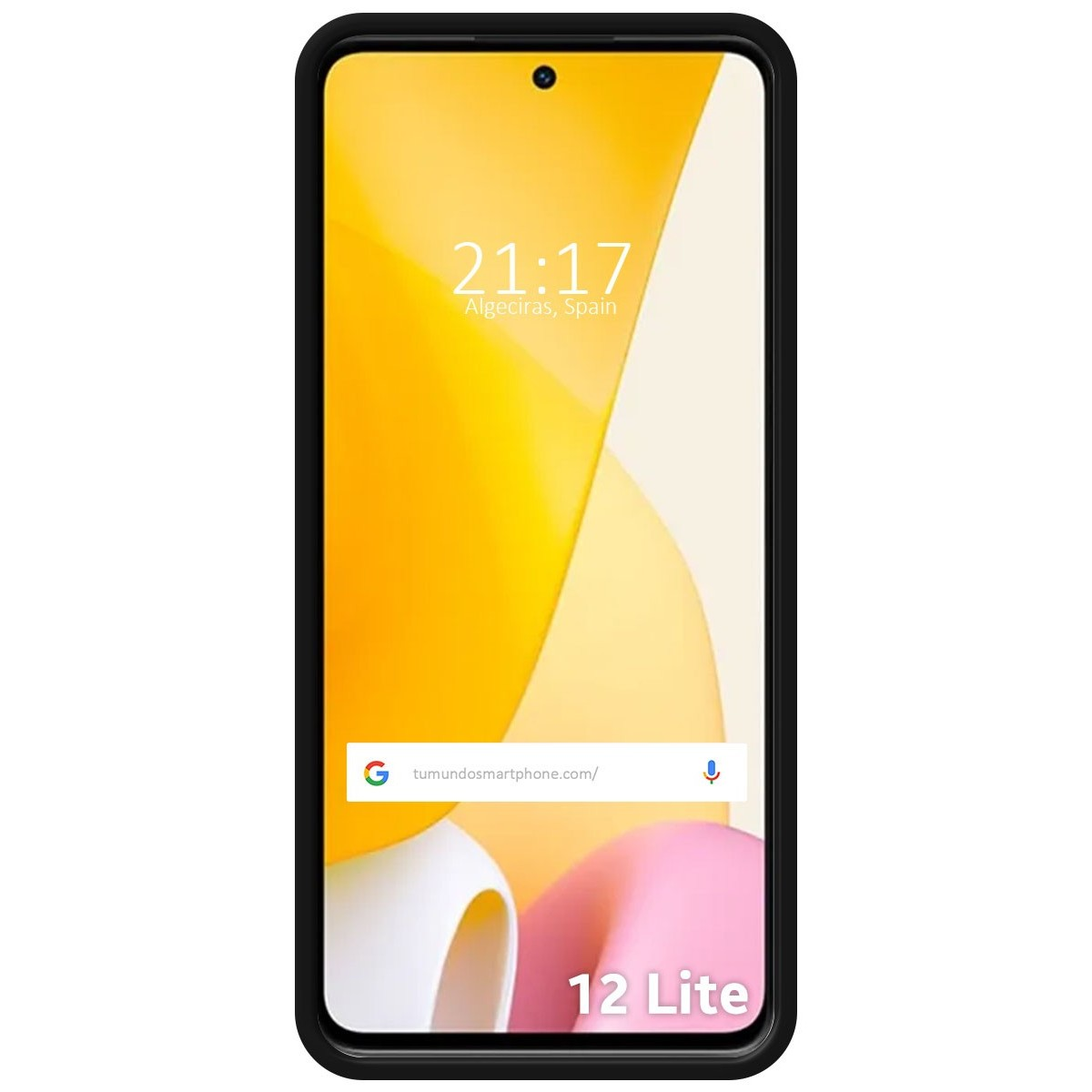 Lo schermo mostra l'ora e il sito web con un design giallo e bianco.