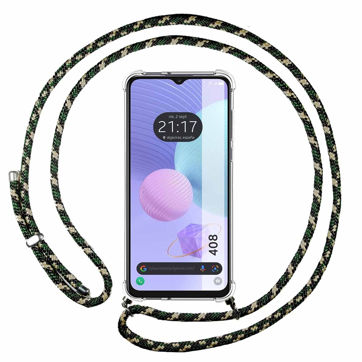 Telefono con una cinghia intorno. Il telefono mostra l'ora e il sito web.