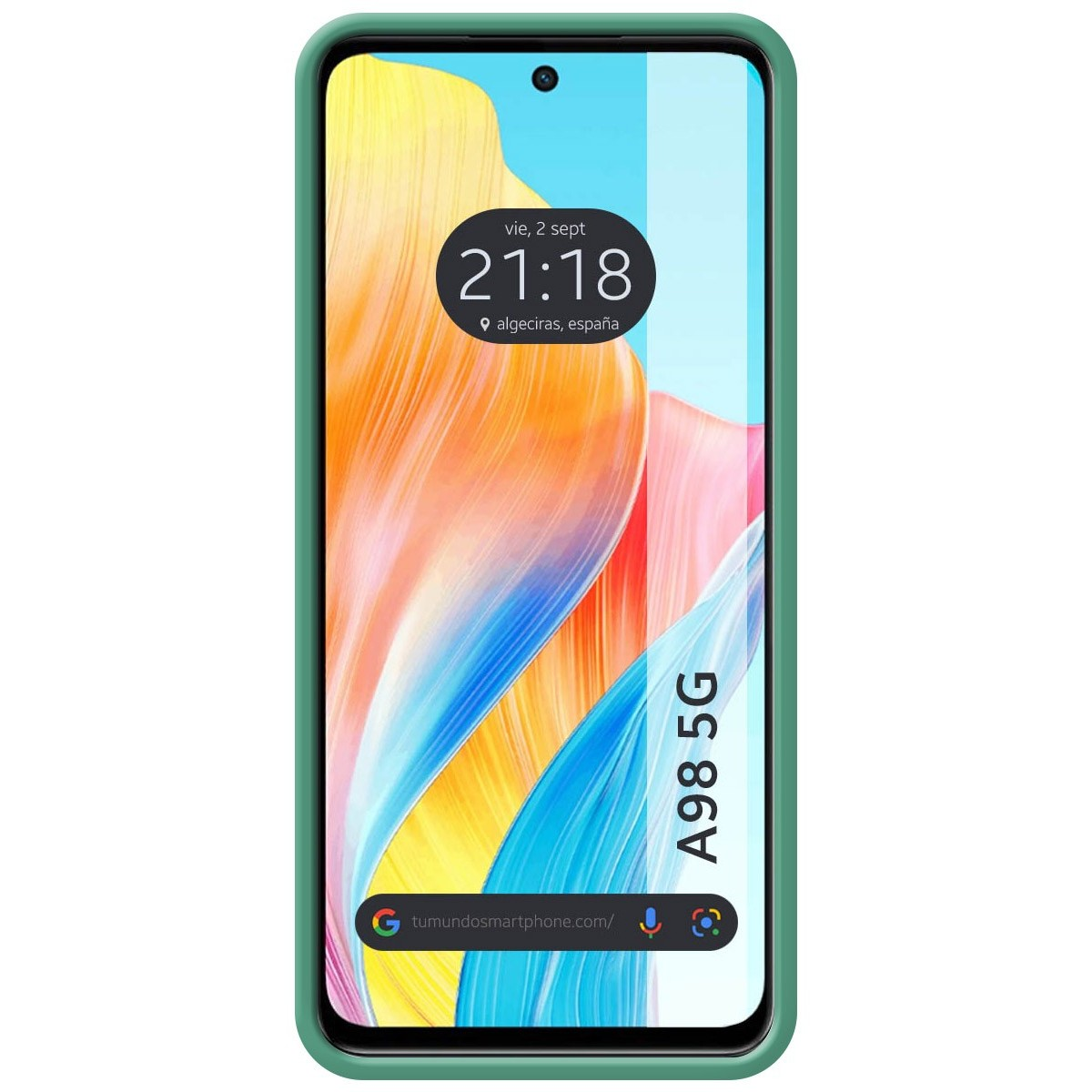 Funda de teléfono verde con teléfono mostrando hora y sitio web.