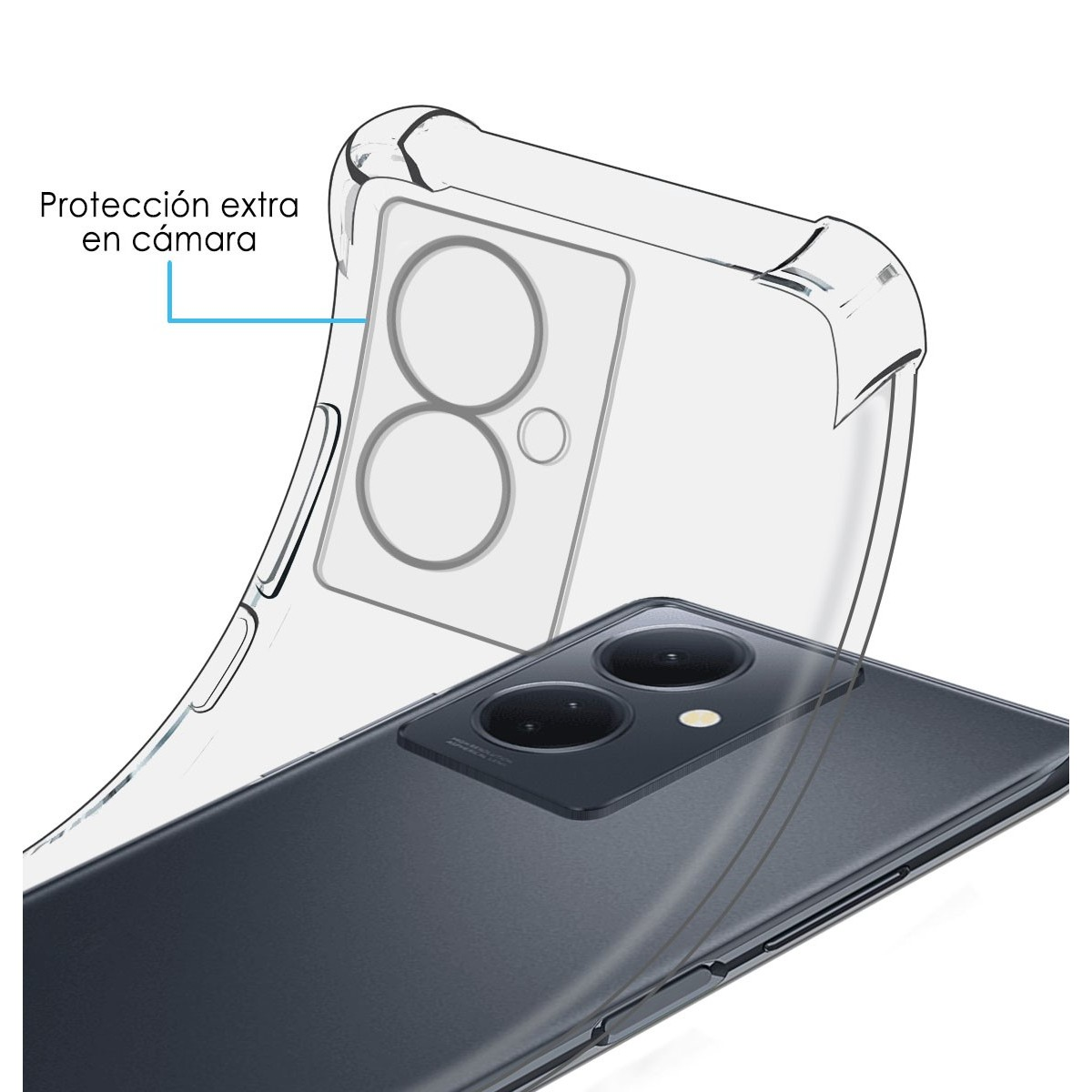 Custodia per telefono con una cover trasparente e un telefono all'interno. Il telefono ha una configurazione a doppia fotocamera.