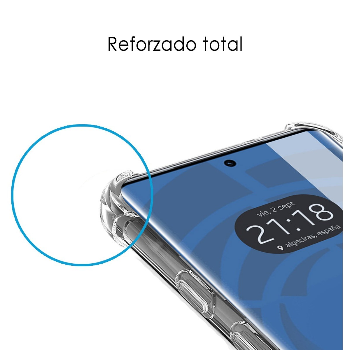Telefono con custodia trasparente. Il telefono mostra ora, data e sito web.