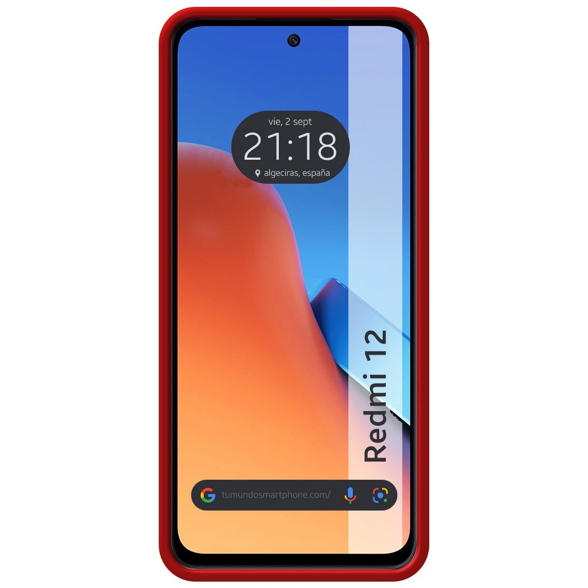 Telefono Redmi 12 con custodia rossa. Lo schermo mostra l'ora e la data e uno sfondo arancione e blu.