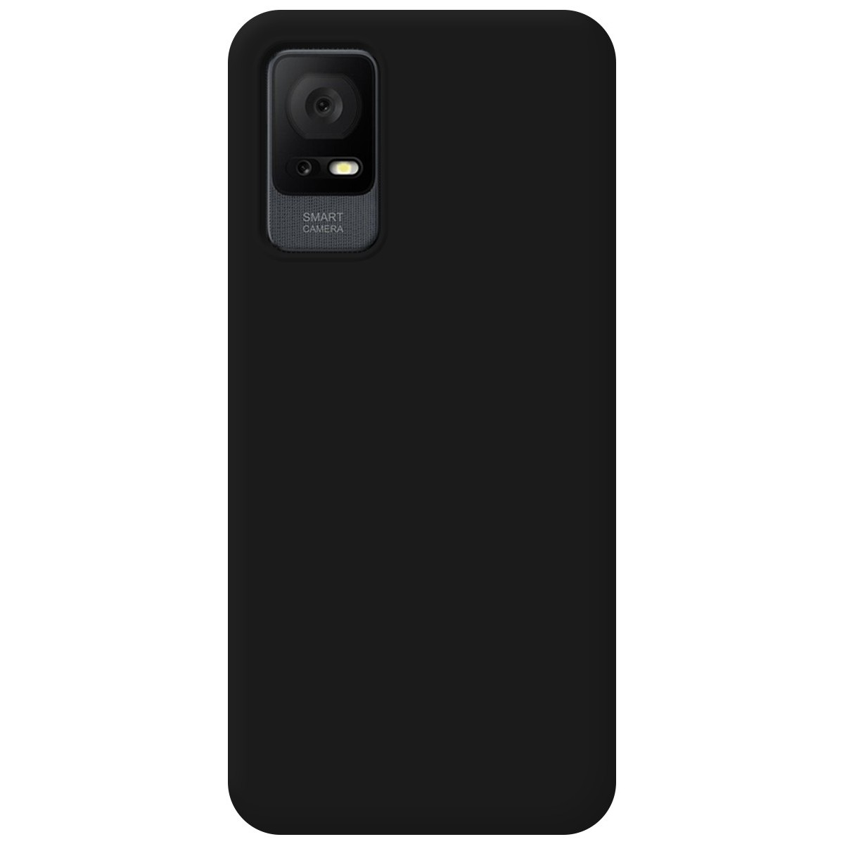 Custodia per telefono nera con fotocamera. Il telefono ha una fotocamera nera con flash.