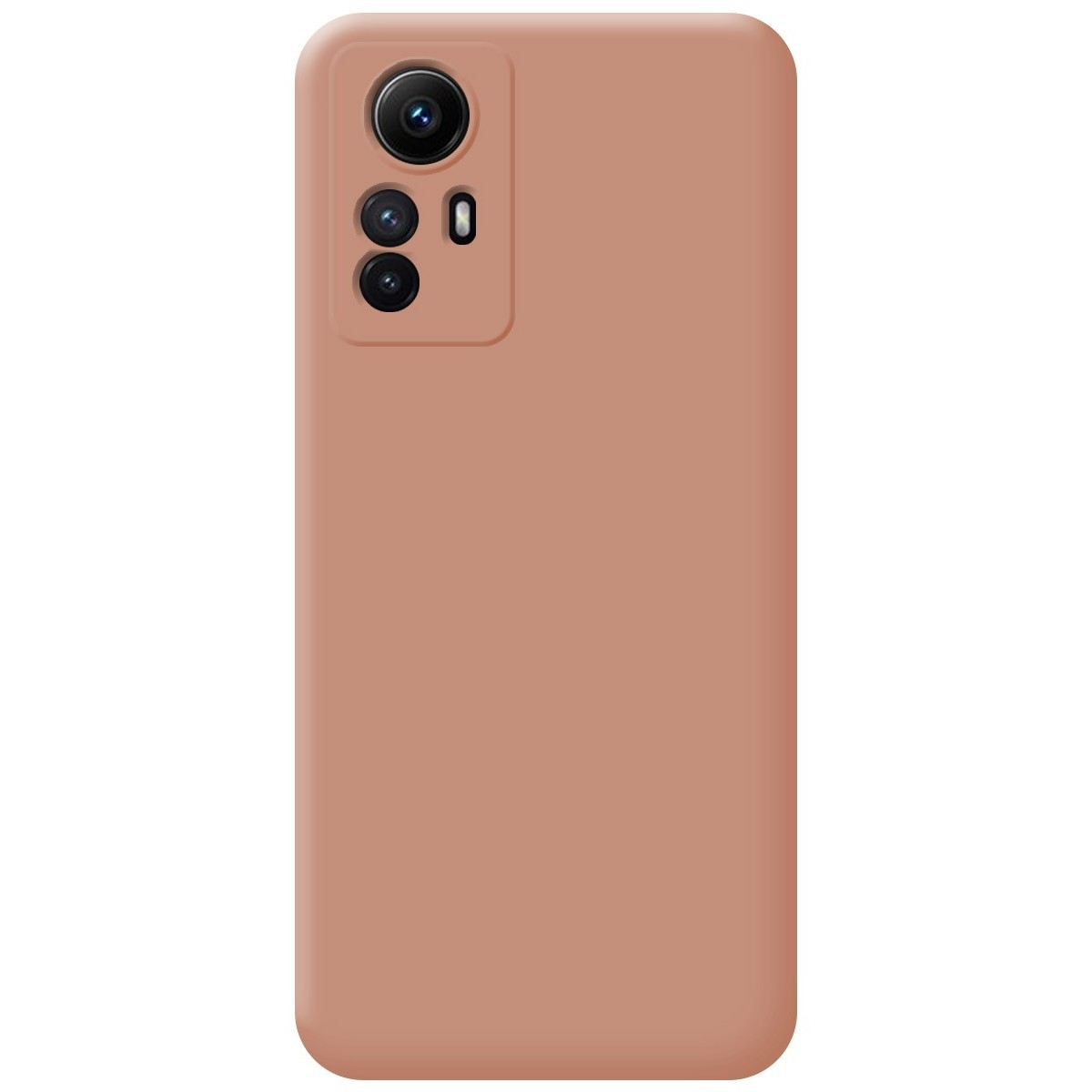 Custodia per telefono di colore marrone, con tre obiettivi della fotocamera. Il retro della custodia è liscio.