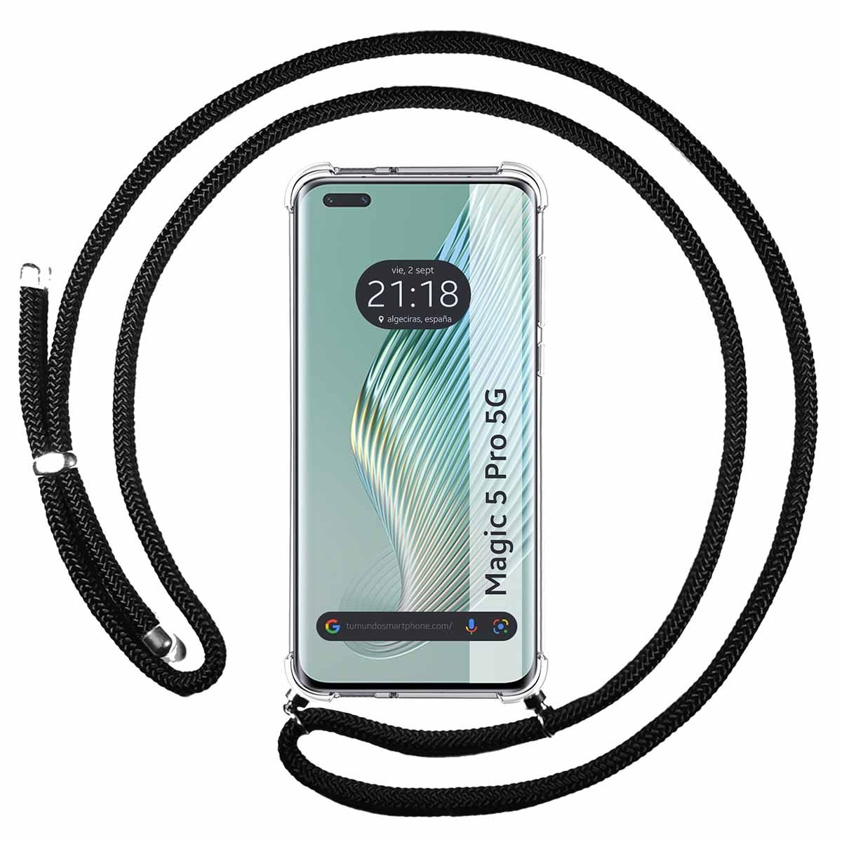Telefono con cavo nero. Il telefono mostra l'ora ad Algeciras. La custodia ha un bordo trasparente.
