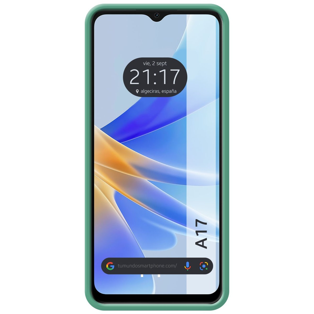 Custodia verde per telefono con telefono che mostra l'ora e il luogo.