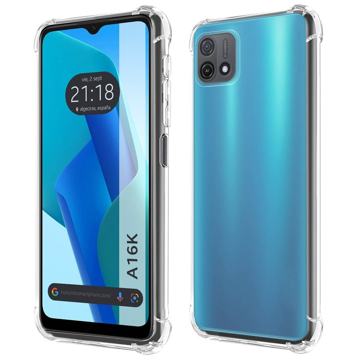 Due smartphone, uno mostra ora e posizione, l'altro un retro blu.