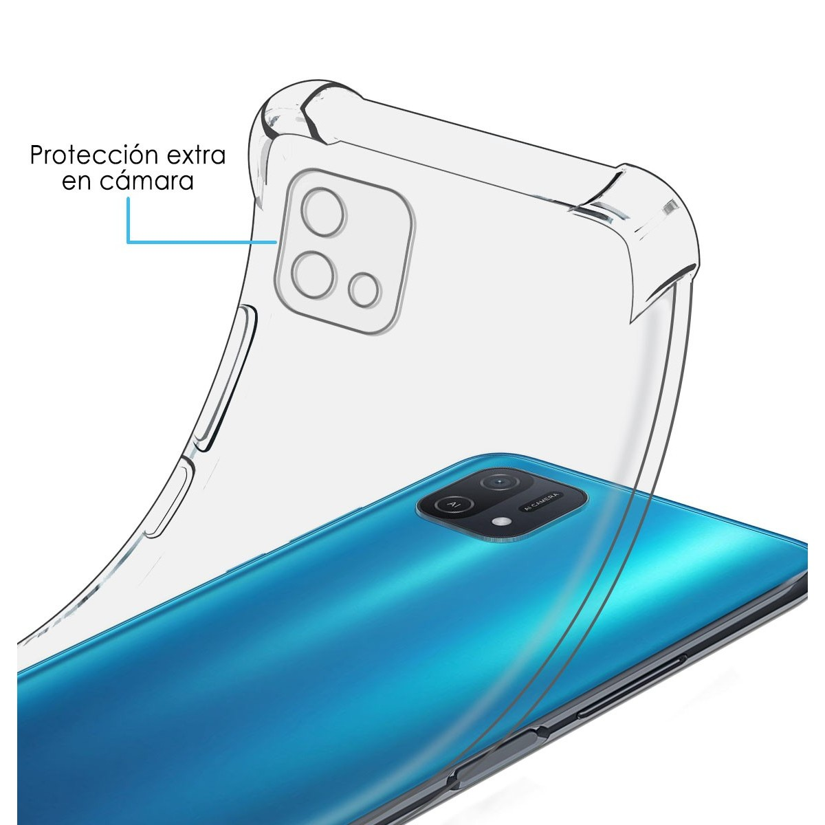 Custodia trasparente su telefono blu, con testo spagnolo che indica protezione extra per la fotocamera.