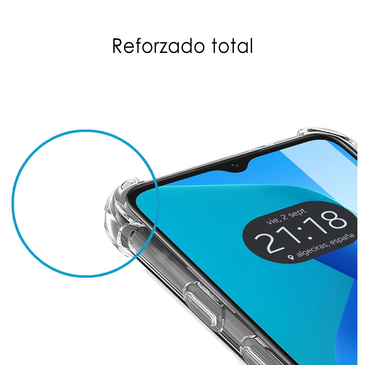 Telefono in una custodia trasparente con bordo rinforzato; ora e posizione vengono visualizzate sullo schermo.