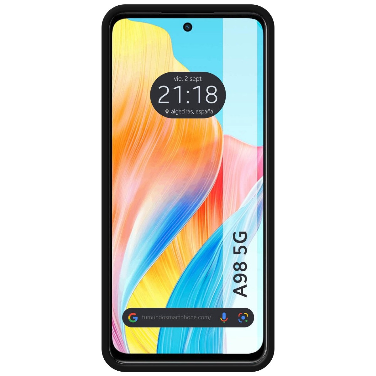 Smartphone con marco negro, muestra hora y fecha. La pantalla tiene un fondo abstracto colorido.