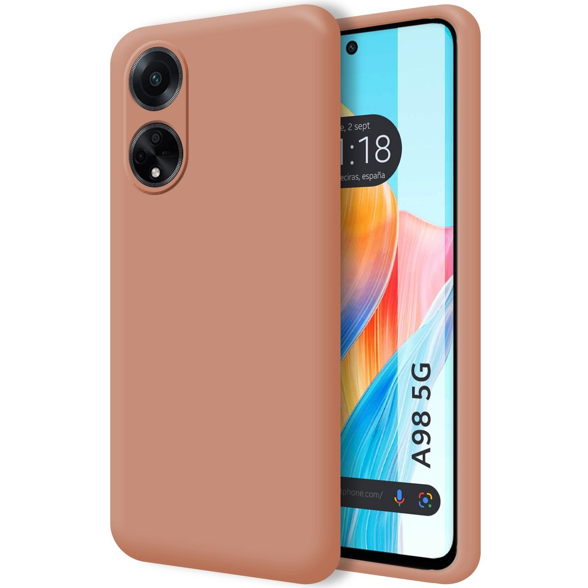 Custodia, colore corallo pieno. Lo schermo del telefono mostra ora e posizione.