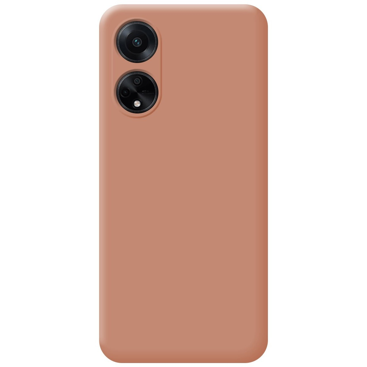 La custodia è color pesca. La fotocamera del telefono è visibile.