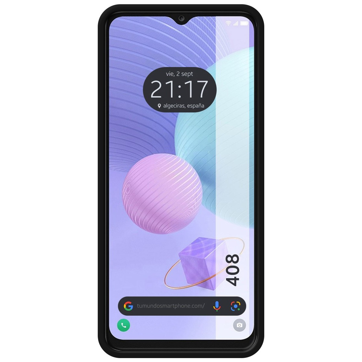 Lo schermo del telefono mostra l'ora e le app. La custodia del telefono ha una cornice nera e un cubo viola con 408.