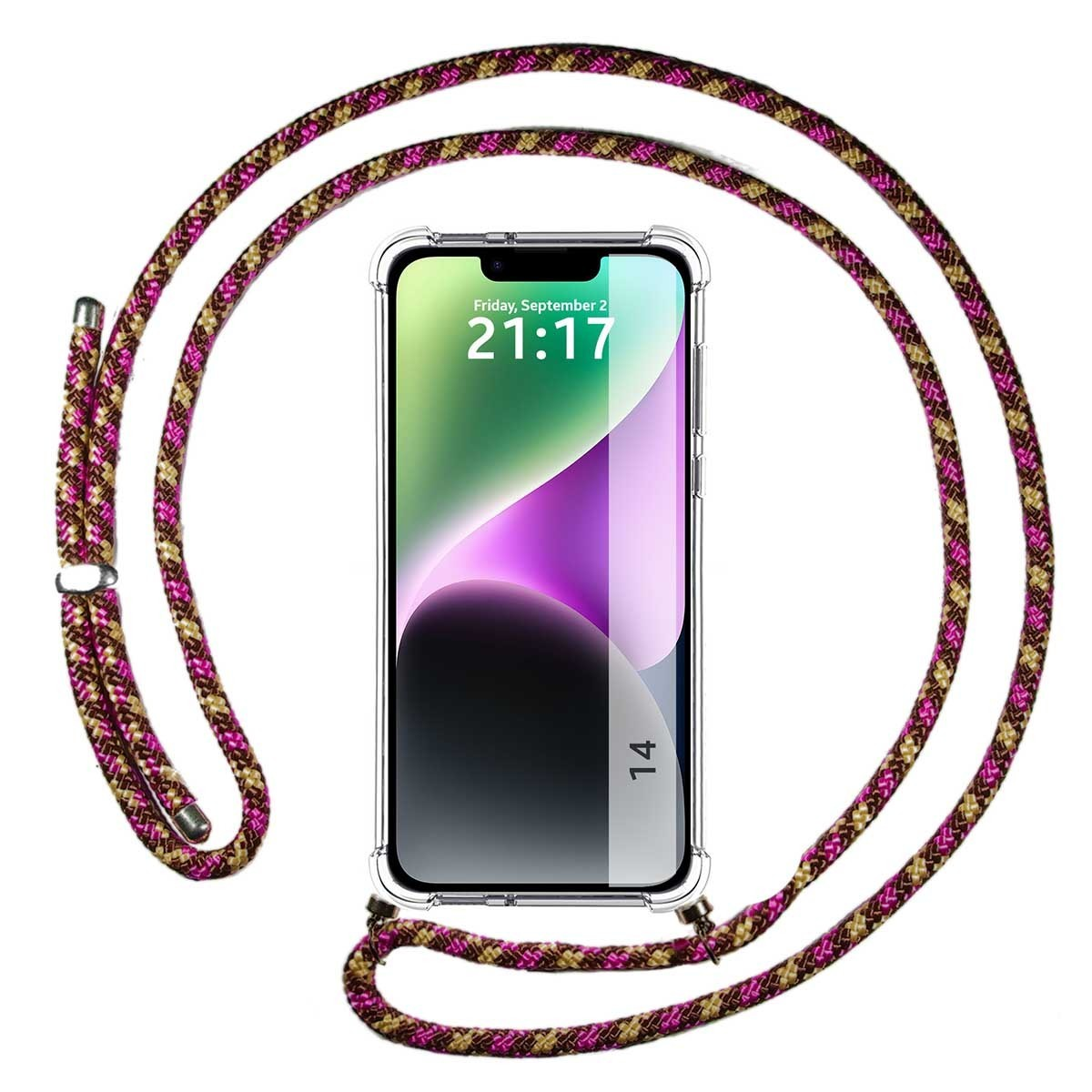 Un telefono in una custodia trasparente. Una corda rosa e marrone è attaccata al telefono.