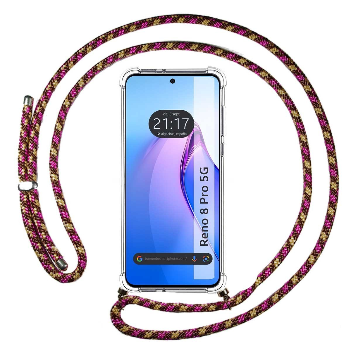 Custodia per telefono con cinturino, il telefono mostra l'ora, la data e le parole "Reno 8 Pro 5G" sullo schermo.