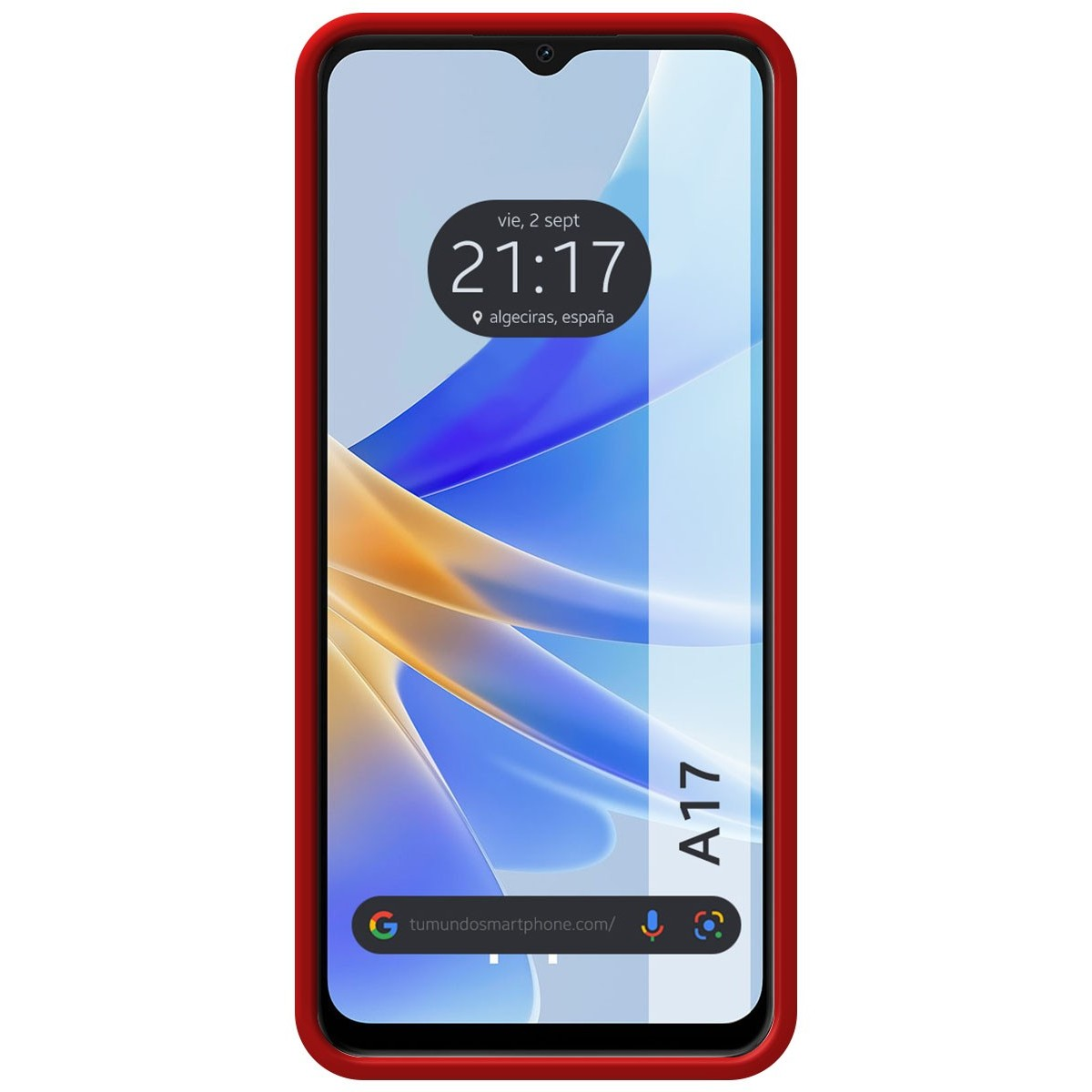 Smartphone con cornice rossa. Lo schermo mostra l'ora e la data e un design astratto blu e bianco.