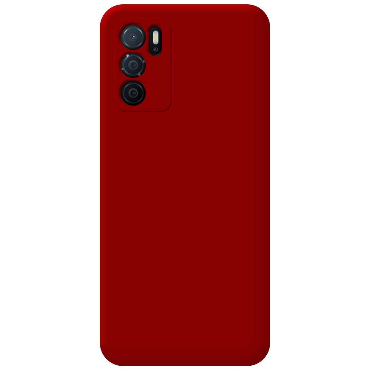 Una custodia rossa semplice con una configurazione a tripla fotocamera.