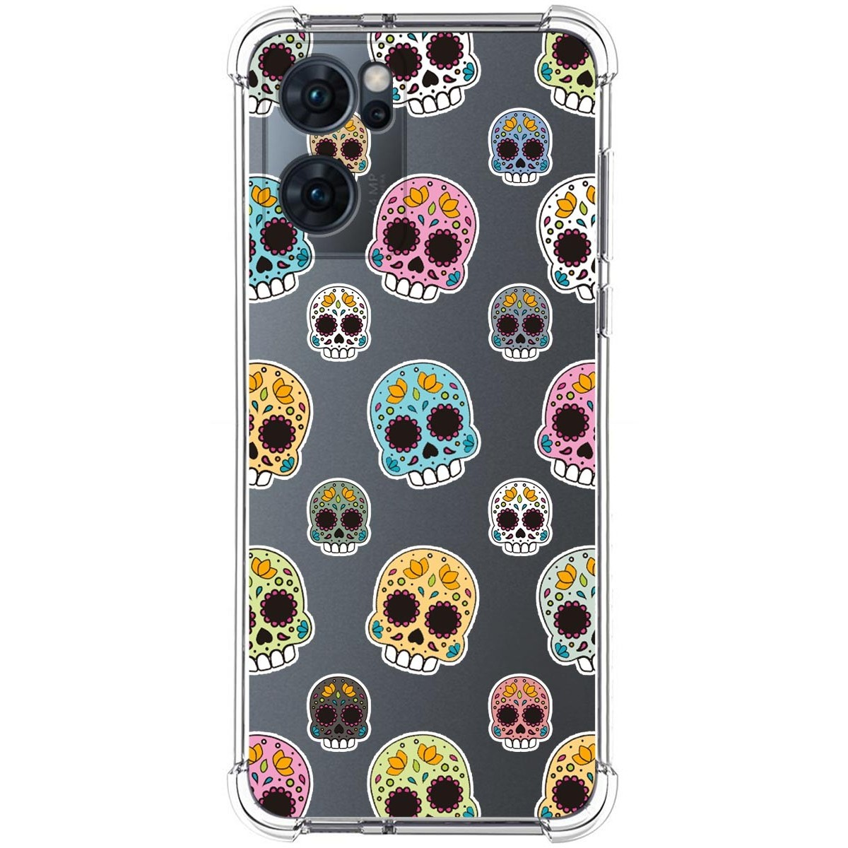 Funda con múltiples calaveras coloridas sobre fondo oscuro.