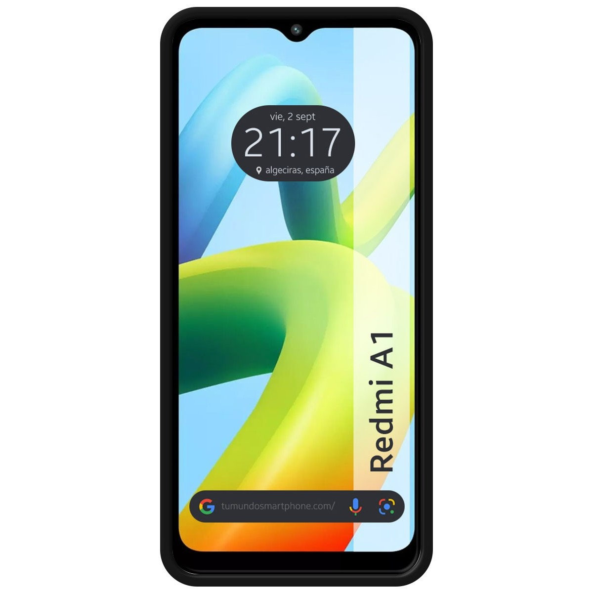 Telefono Redmi A1 con custodia nera e sfondo astratto colorato.