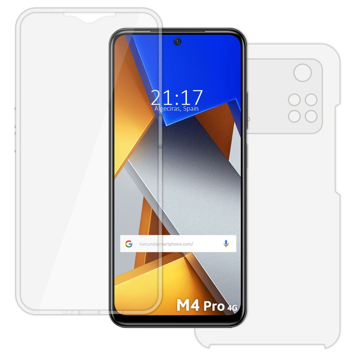 Smartphone con protezione schermo. Lo schermo mostra l'ora e una barra di ricerca.