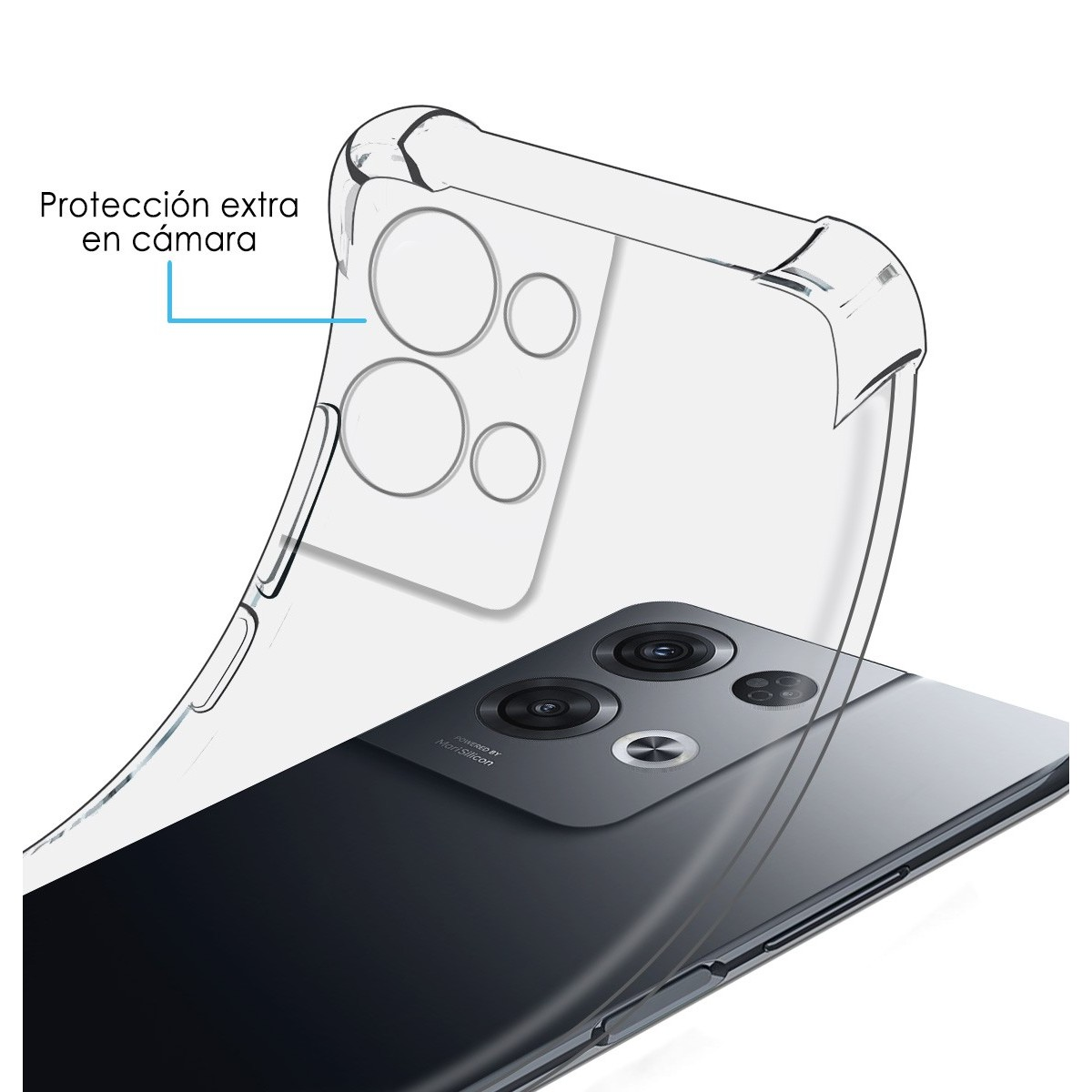 Una custodia trasparente che protegge la parte posteriore del telefono con le lenti della fotocamera.