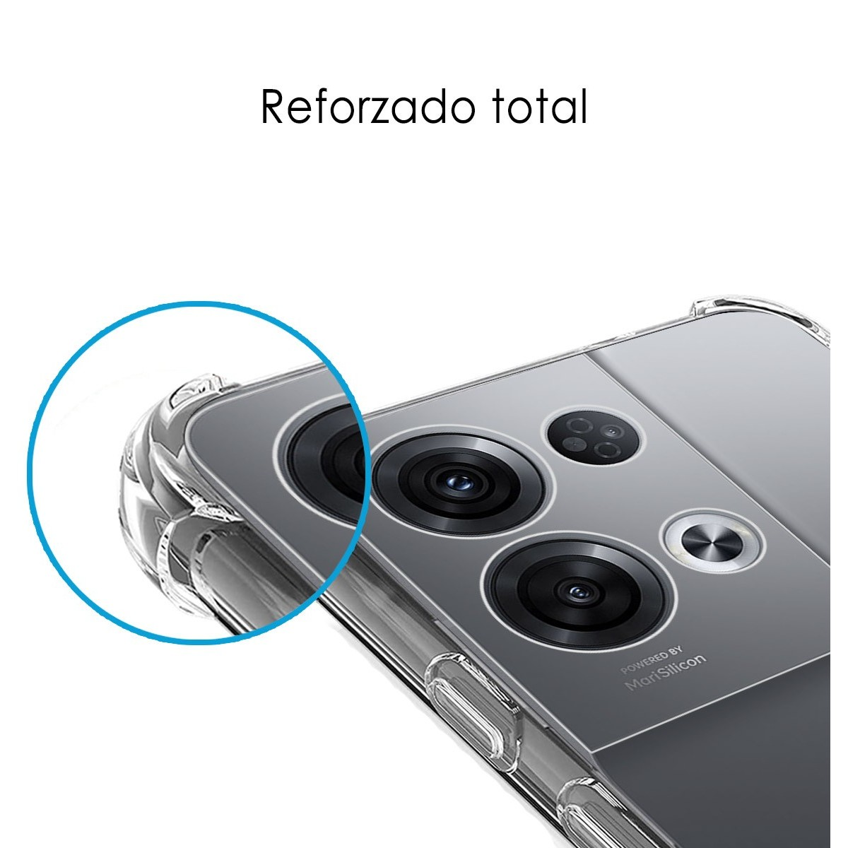 Custodia trasparente con area fotocamera nera. In alto c'è scritto 'Reforzado total'.