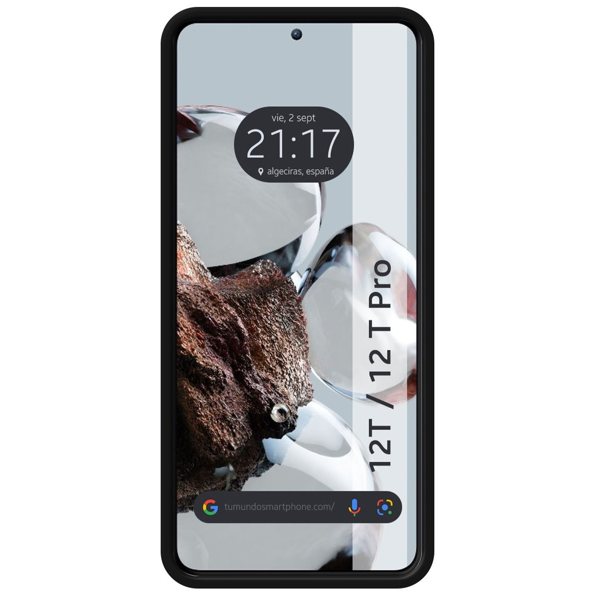 Telefono con 21:17 ad Algeciras, Spagna, e design astratto. La custodia imita la pietra.