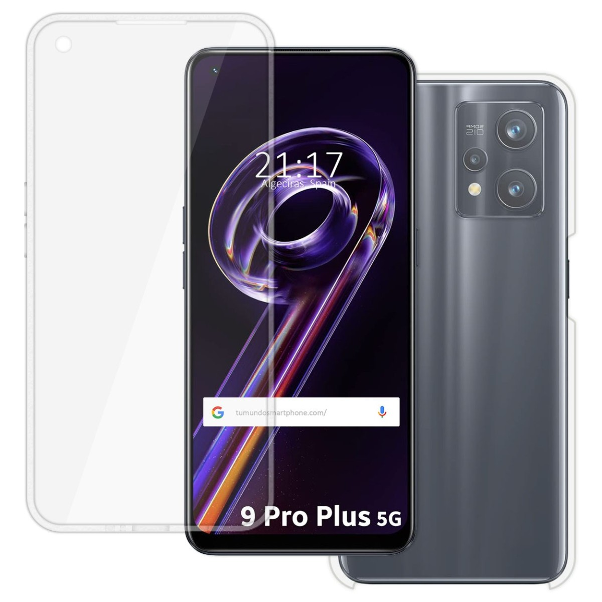 Funda y teléfono. La pantalla muestra una barra de búsqueda y la hora.