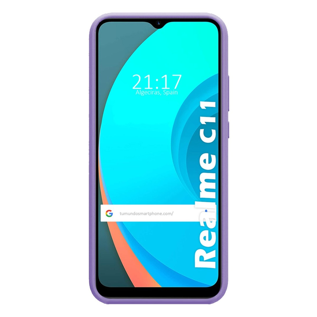 Teléfono con una funda morada. El teléfono muestra la hora y la fecha.