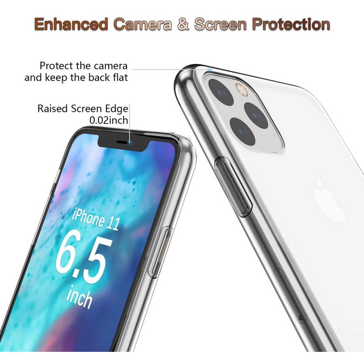 Primer plano de un teléfono con funda transparente, mostrando protección mejorada de cámara y pantalla.