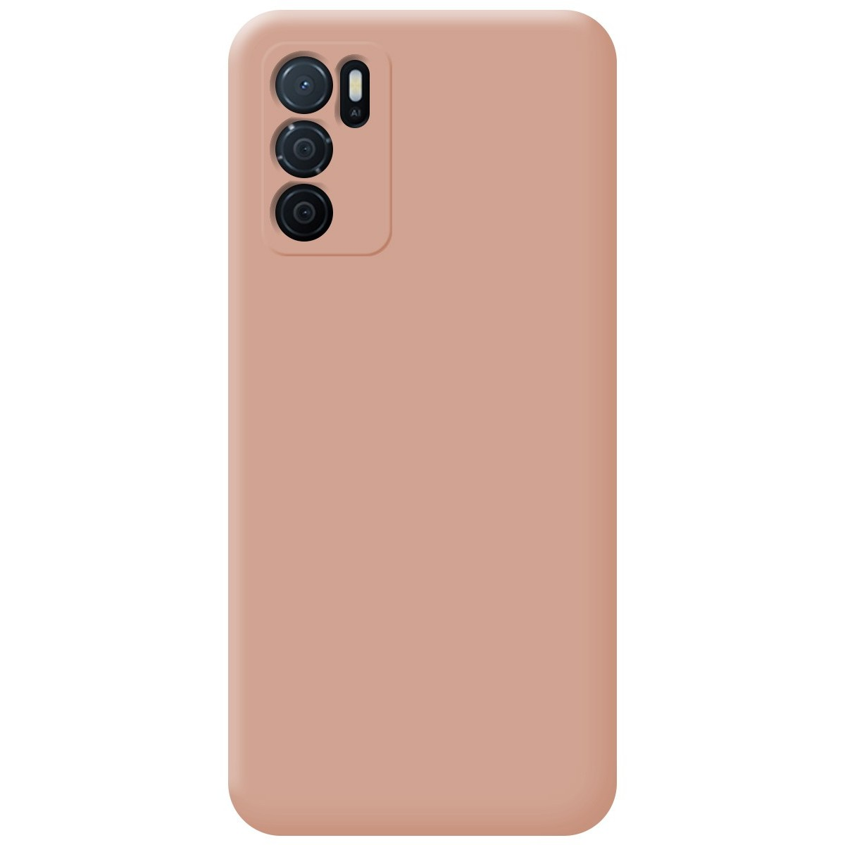 Custodia per telefono color pesca. Il retro del telefono ha una fotocamera.