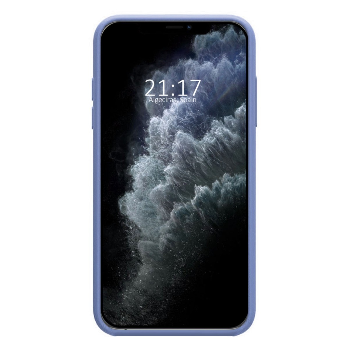 Un teléfono que muestra un fondo oscuro con un reloj digital. La funda del teléfono es azul.