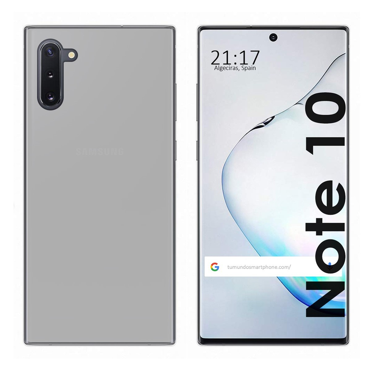 Telefono, retro grigio e schermo nero con le parole 'Note 10'.