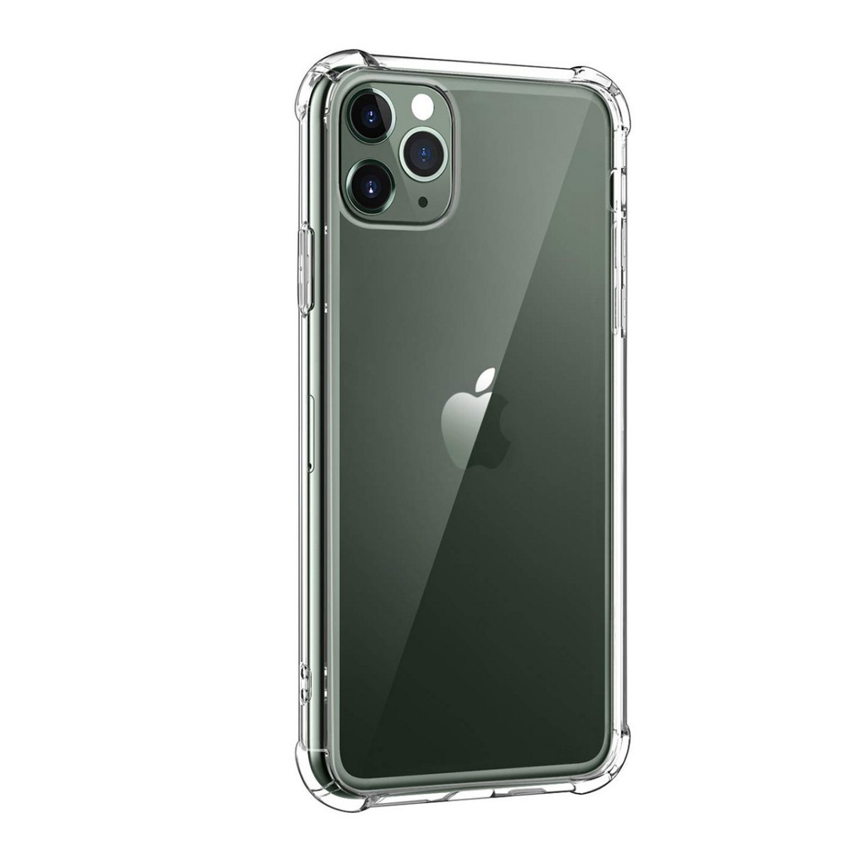 Custodia trasparente su un telefono. Il telefono ha una parte posteriore scura e un logo Apple argentato.