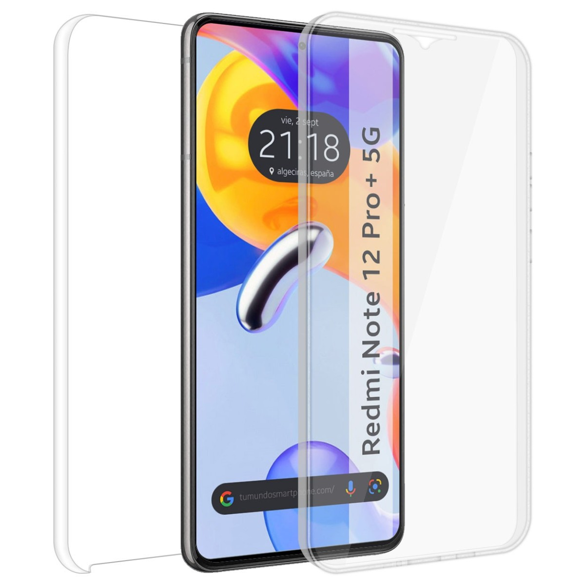 Un telefono e una protezione per lo schermo. Il telefono visualizza l'ora e una barra di ricerca.