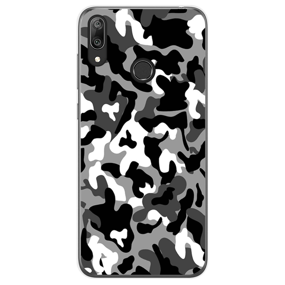 Funda de teléfono con un patrón de camuflaje gris, blanco y negro.