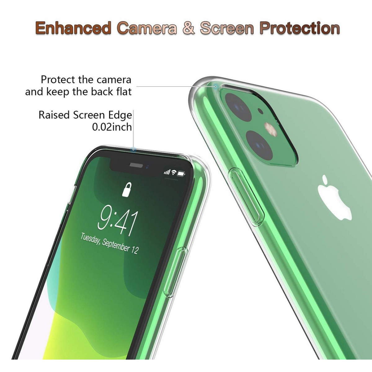 Teléfono y funda con el texto: Protección mejorada de cámara y pantalla.