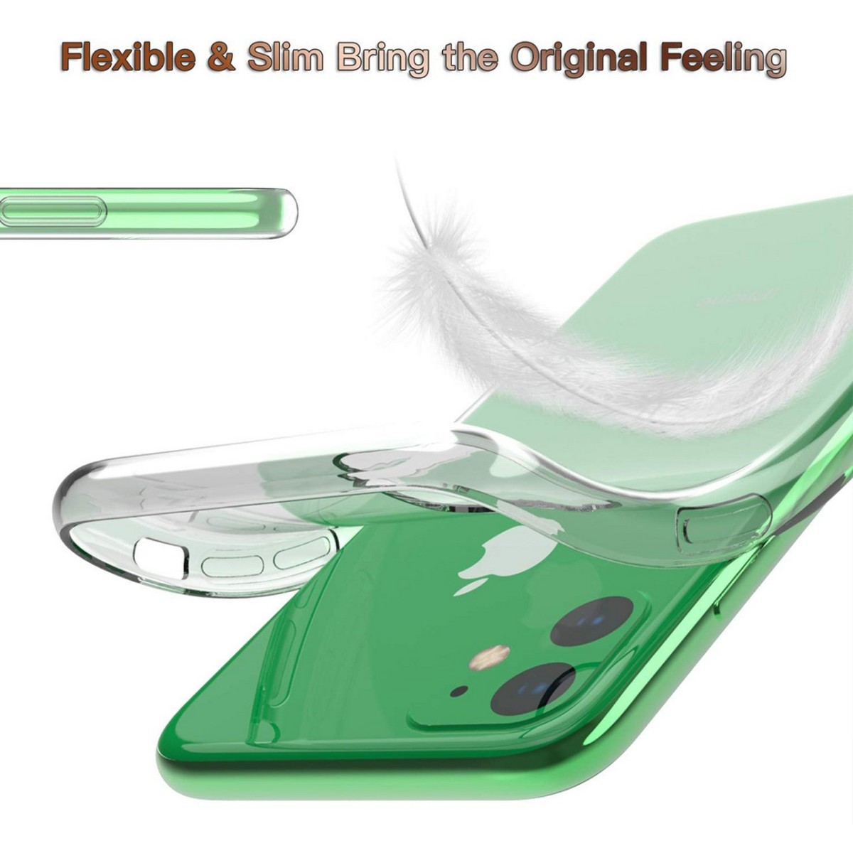 Funda transparente con un teléfono verde dentro y una pluma flotando encima.