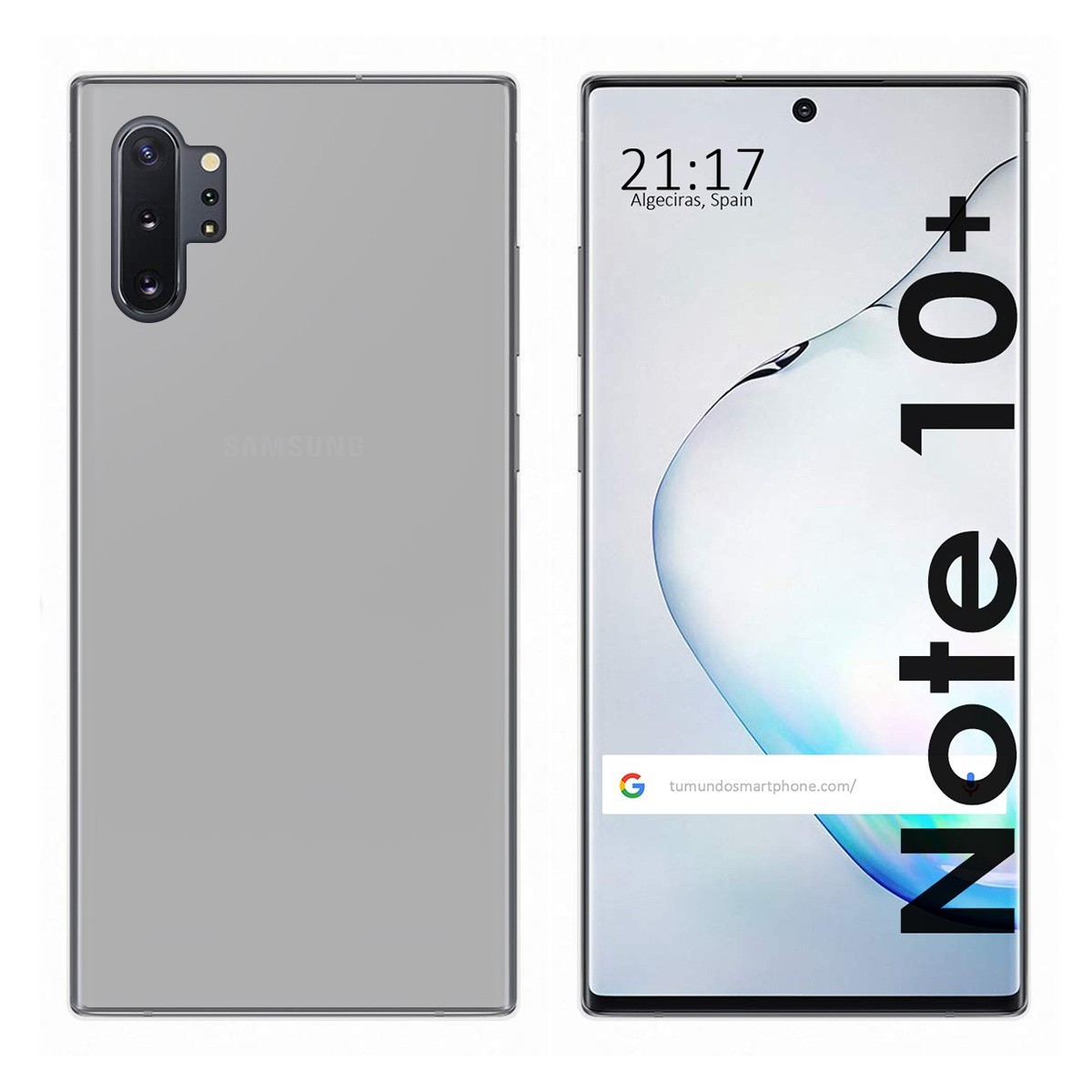 Telefono con retro grigio e schermo mostra l'ora. Sfondo: Bianco.