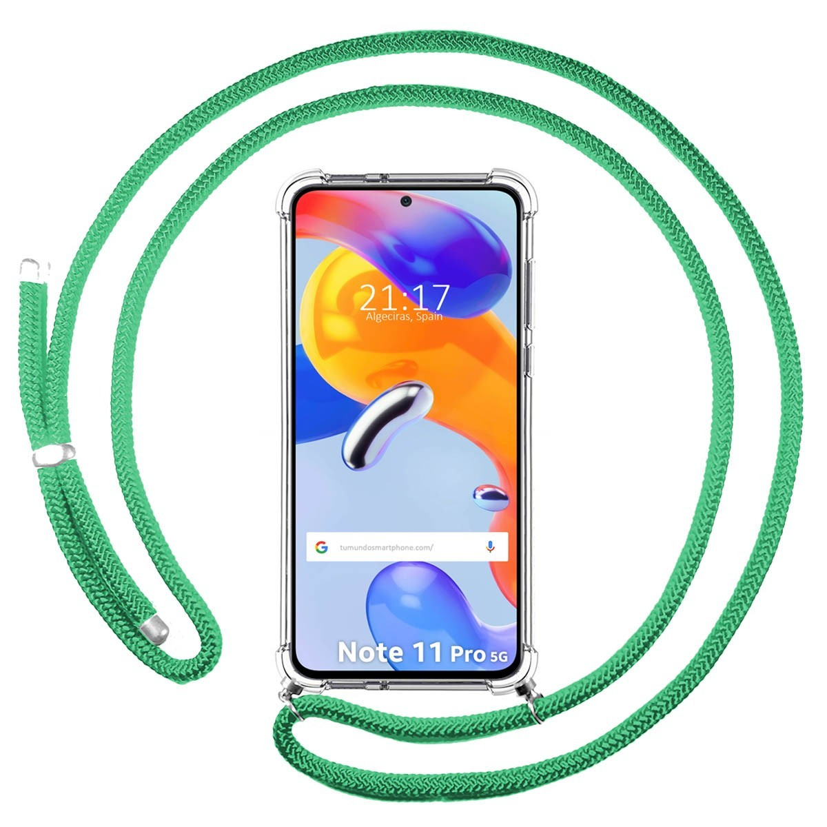 Telefono con cinturino verde. L'ora è 21:17, Algeciras, Spagna. La custodia del telefono è trasparente.