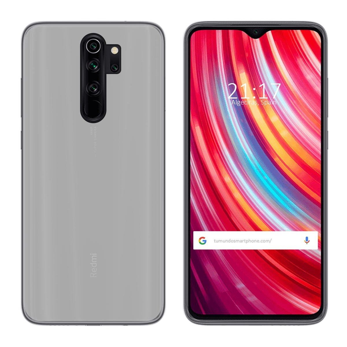 Un telefono argentato con la parte anteriore che mostra uno sfondo colorato e l'ora.